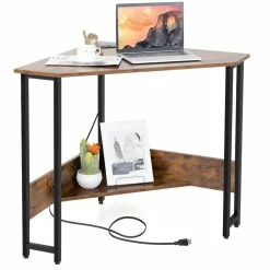 Tangkula Corner Desk with Power Outlet & USB Ports, Triangle Computer Desk with Charging Station