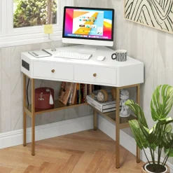 Tangkula Corner Desk with 2 Drawers & Built-in Charging Station, 90 Degrees Triangle Corner Computer Desk