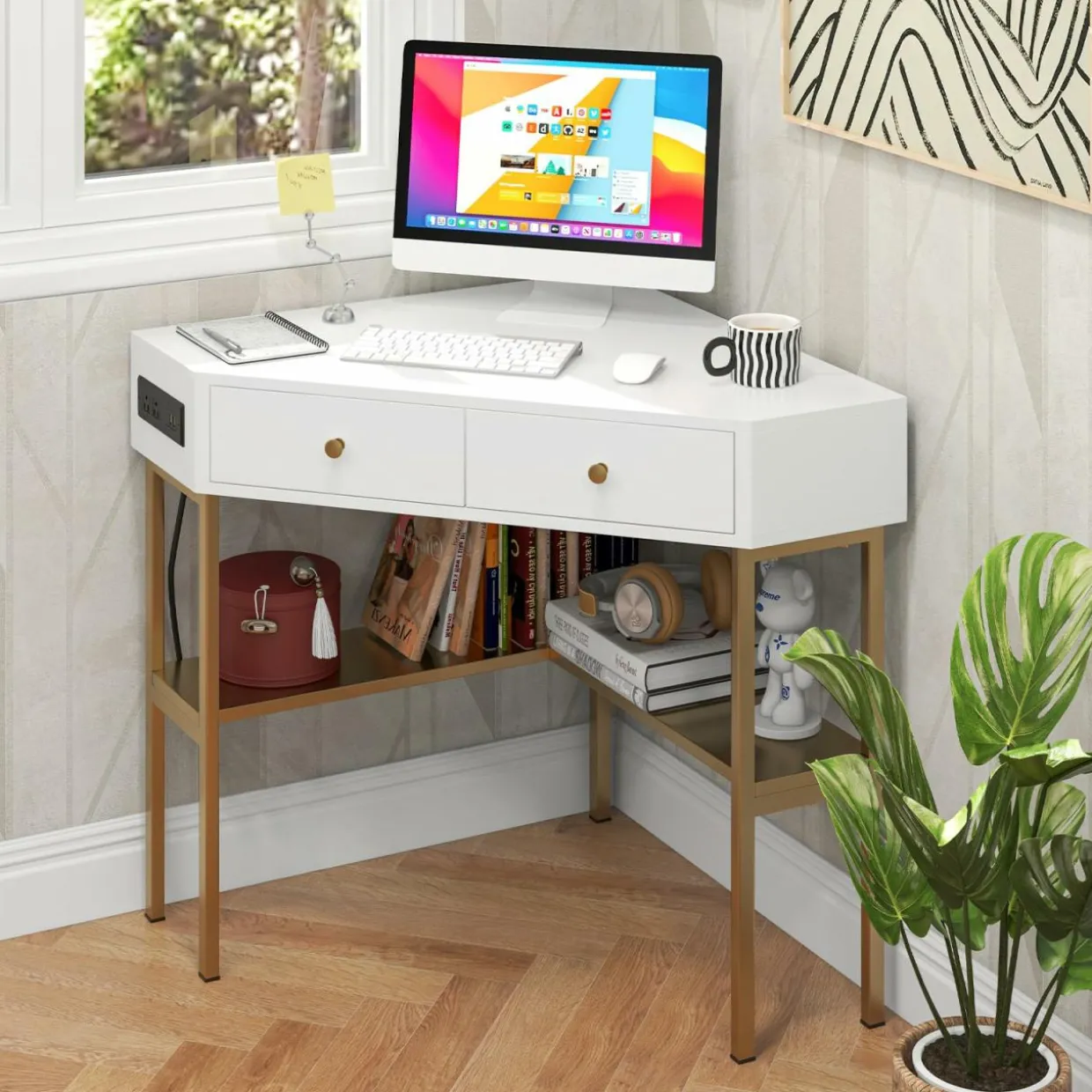 Tangkula Corner Desk with 2 Drawers & Built-in Charging Station, 90 Degrees Triangle Corner Computer Desk