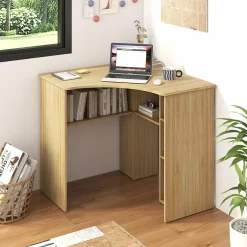 Tangkula Corner Desk with Storage Shelves, Space-Saving Triangle Study Writing Desk with Adjustable Shelves