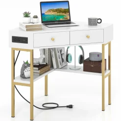 Tangkula Corner Desk with 2 Drawers & Built-in Charging Station, 90 Degrees Triangle Corner Computer Desk