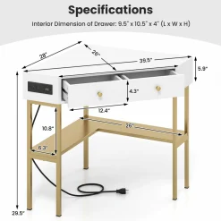 Tangkula Corner Desk with 2 Drawers & Built-in Charging Station, 90 Degrees Triangle Corner Computer Desk