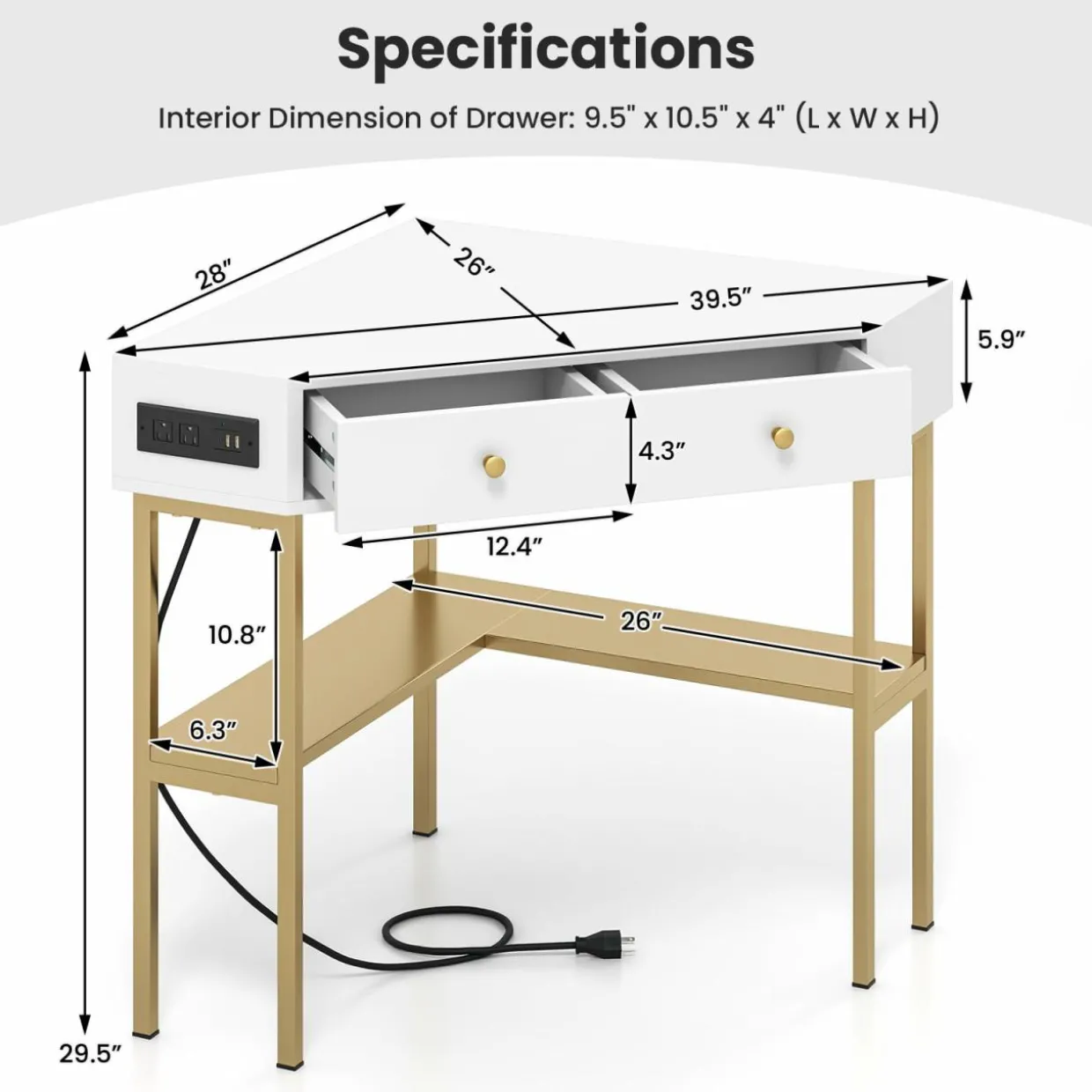 Tangkula Corner Desk with 2 Drawers & Built-in Charging Station, 90 Degrees Triangle Corner Computer Desk