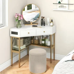 Tangkula Corner Desk with 2 Drawers & Built-in Charging Station, 90 Degrees Triangle Corner Computer Desk