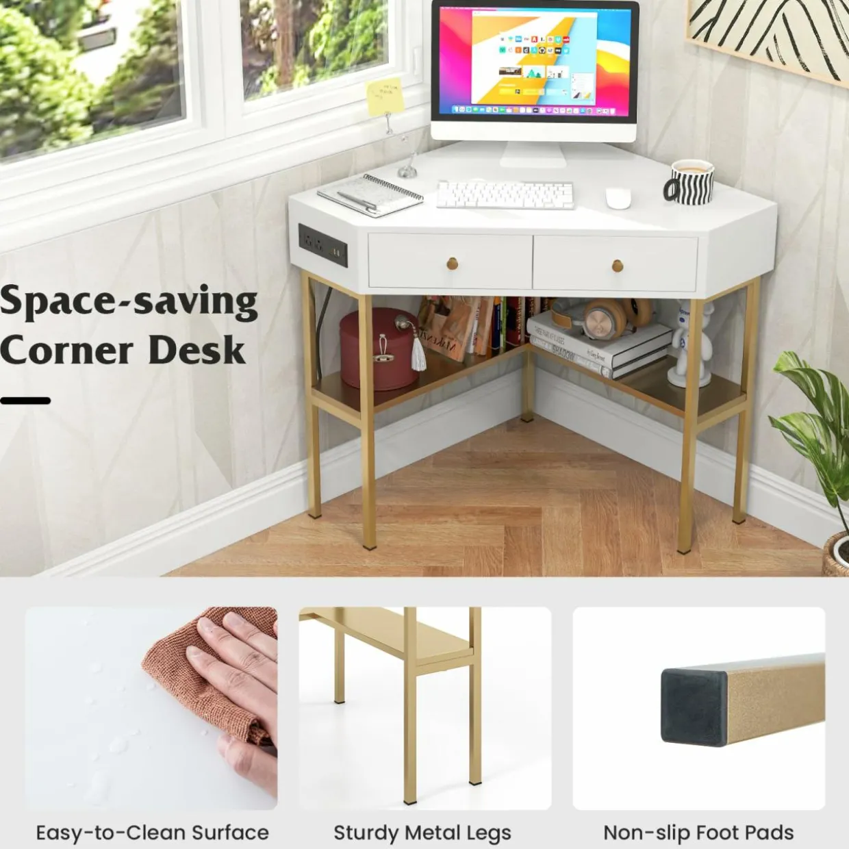 Tangkula Corner Desk with 2 Drawers & Built-in Charging Station, 90 Degrees Triangle Corner Computer Desk