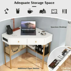Tangkula Corner Desk with 2 Drawers & Built-in Charging Station, 90 Degrees Triangle Corner Computer Desk