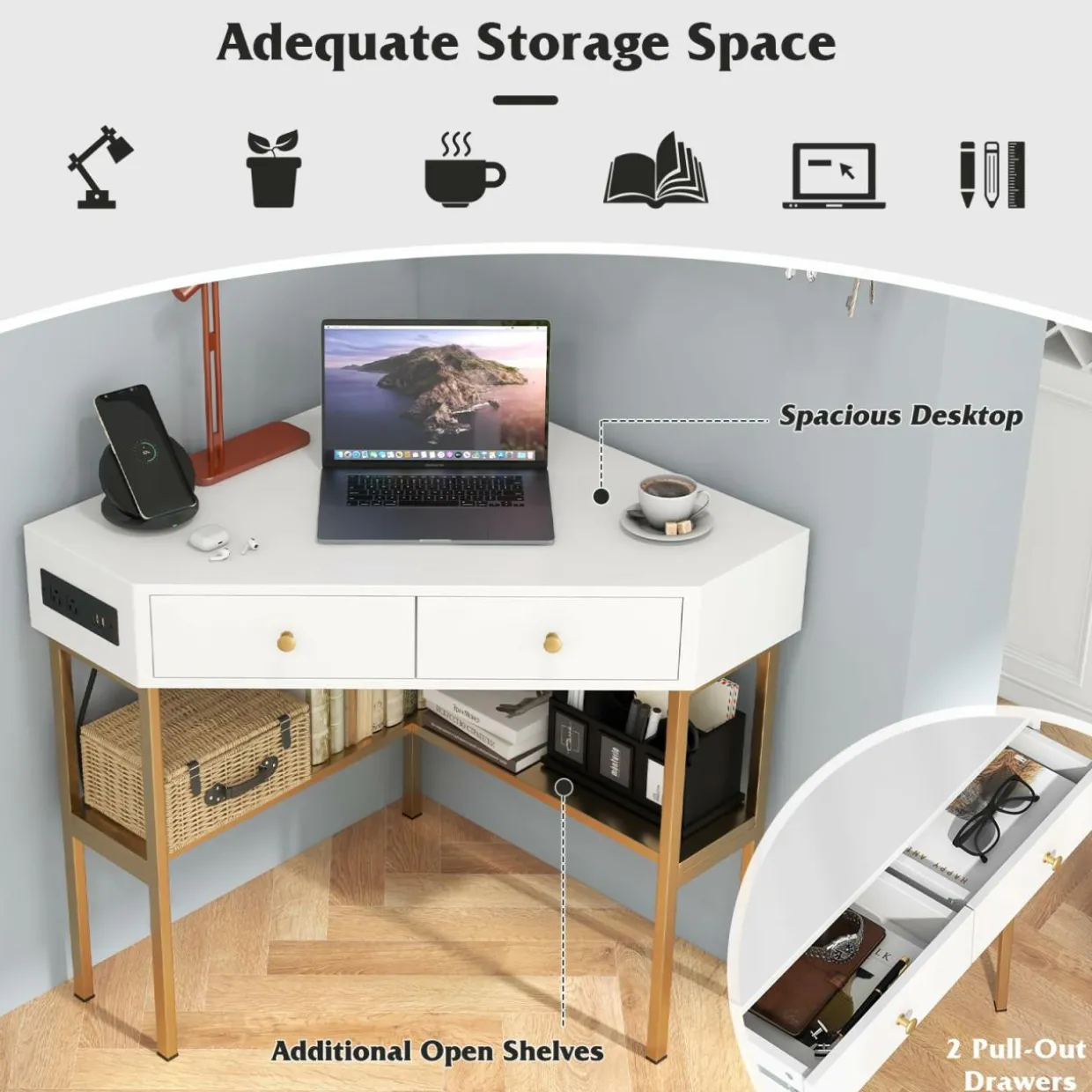 Tangkula Corner Desk with 2 Drawers & Built-in Charging Station, 90 Degrees Triangle Corner Computer Desk