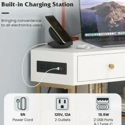 Tangkula Corner Desk with 2 Drawers & Built-in Charging Station, 90 Degrees Triangle Corner Computer Desk