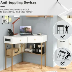 Tangkula Corner Desk with 2 Drawers & Built-in Charging Station, 90 Degrees Triangle Corner Computer Desk