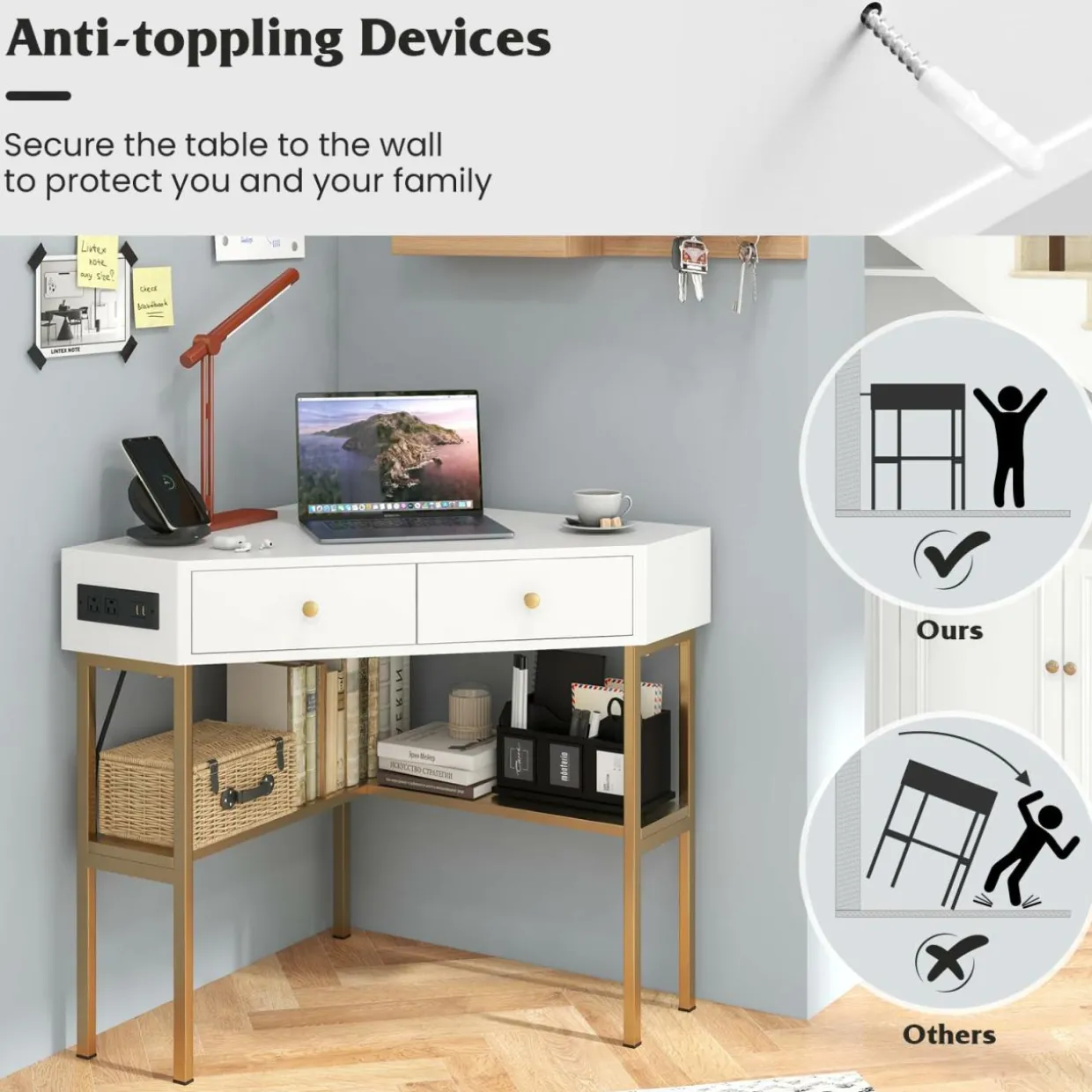 Tangkula Corner Desk with 2 Drawers & Built-in Charging Station, 90 Degrees Triangle Corner Computer Desk
