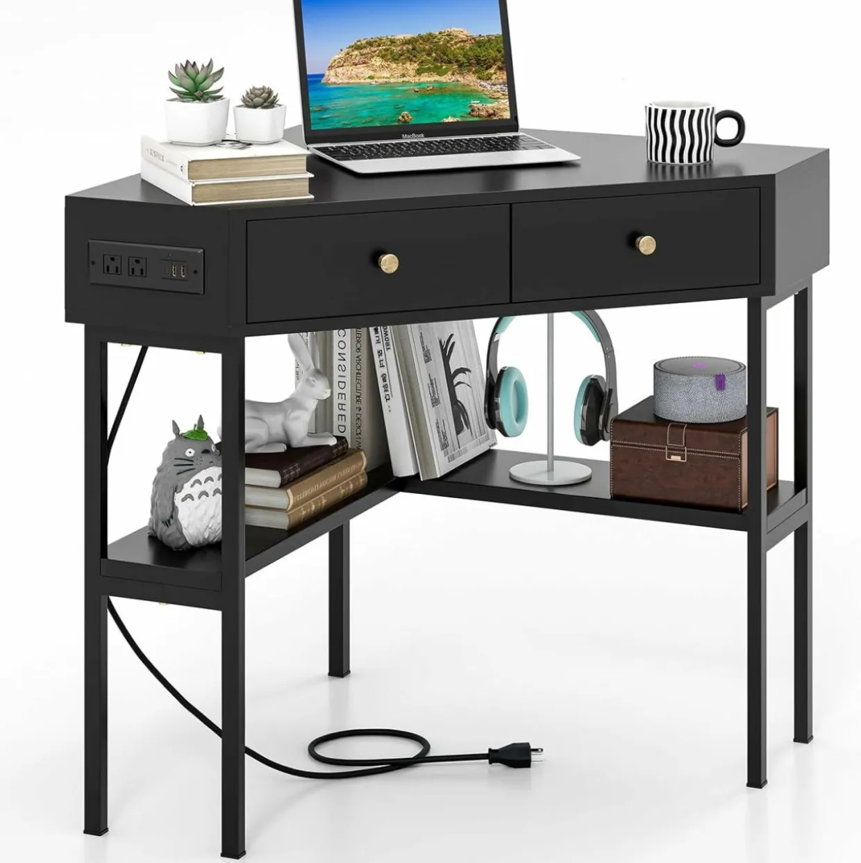 Tangkula Corner Desk with 2 Drawers & Built-in Charging Station, 90 Degrees Triangle Corner Computer Desk