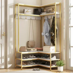 Tangkula Corner Hall Tree, 70 Inch Coat Rack with Bench and Shoe Storage