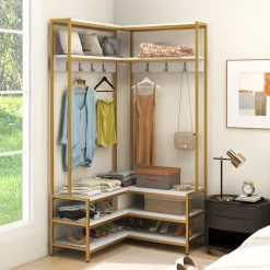 Tangkula Corner Hall Tree, 70 Inch Coat Rack with Bench and Shoe Storage