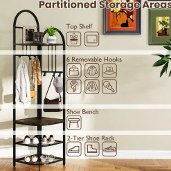 Tangkula Corner Hall Tree, 71 Inch Tall Entryway Coat Rack with Shoe Bench & 4 Storage Shelves