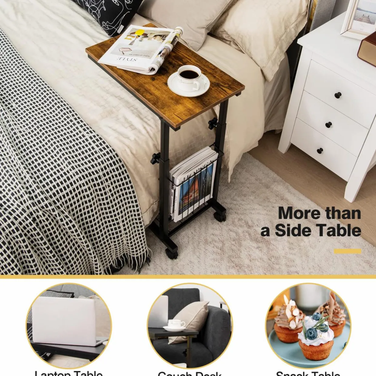Tangkula C-Shape Sofa Side Table, Adjustable End Table