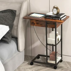 Tangkula C-Shaped End Table for Small Space, Flip-Up Top Side Table with Charging Station