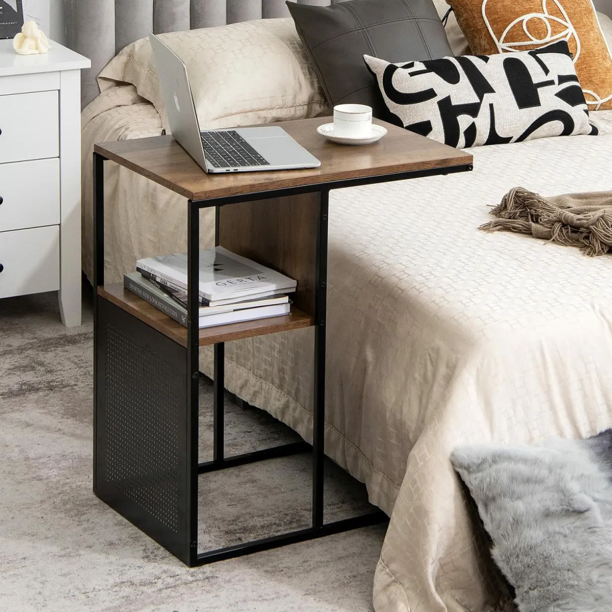 Tangkula C-Shaped End Table, Reversible Sofa Side Table with Wooden Shelf(1 & 2)