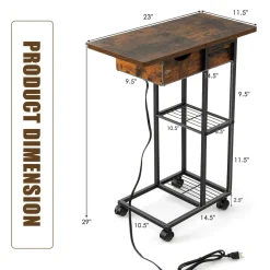Tangkula C-Shaped End Table for Small Space, Flip-Up Top Side Table with Charging Station