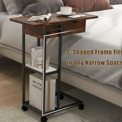 Tangkula C-Shaped End Table for Small Space, Flip-Up Top Side Table with Charging Station
