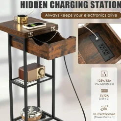 Tangkula C-Shaped End Table for Small Space, Flip-Up Top Side Table with Charging Station