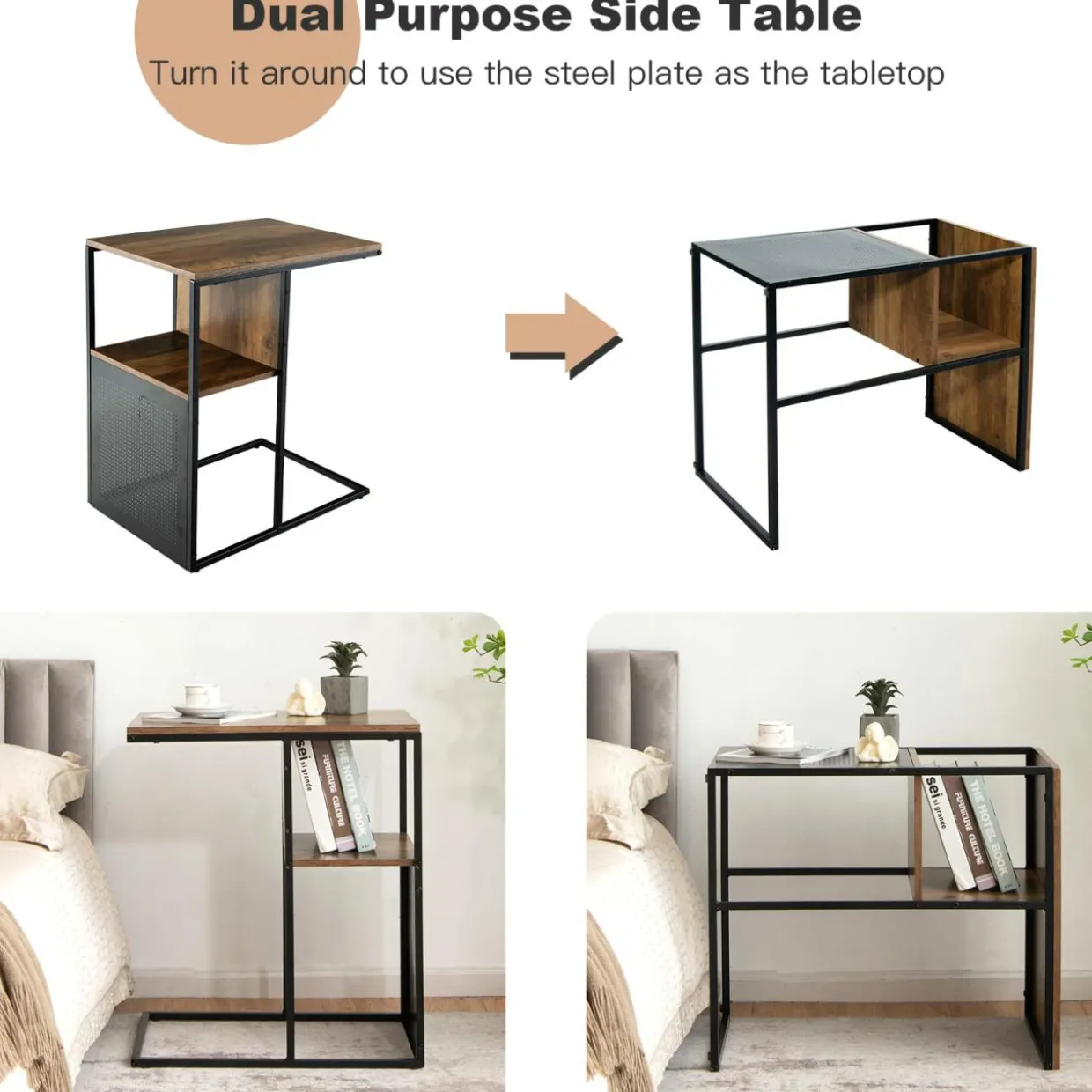 Tangkula C-Shaped End Table, Reversible Sofa Side Table with Wooden Shelf(1 & 2)