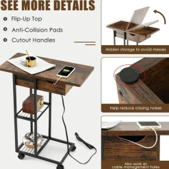 Tangkula C-Shaped End Table for Small Space, Flip-Up Top Side Table with Charging Station