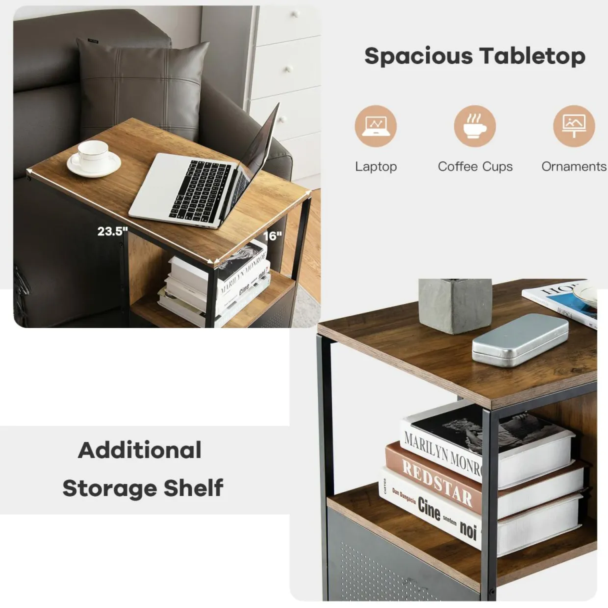 Tangkula C-Shaped End Table, Reversible Sofa Side Table with Wooden Shelf(1 & 2)