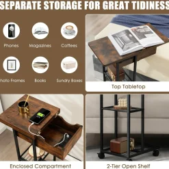 Tangkula C-Shaped End Table for Small Space, Flip-Up Top Side Table with Charging Station