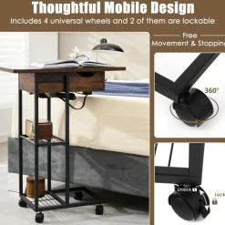 Tangkula C-Shaped End Table for Small Space, Flip-Up Top Side Table with Charging Station