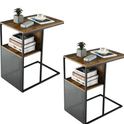 Tangkula C-Shaped End Table, Reversible Sofa Side Table with Wooden Shelf(1 & 2)