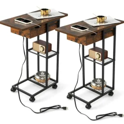 Tangkula C-Shaped End Table for Small Space, Flip-Up Top Side Table with Charging Station