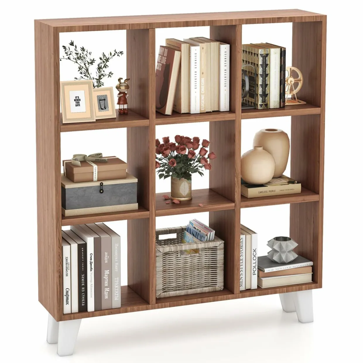 Tangkula 9-Cube Bookcase, Freestanding 3-Tier Bookshelf with 6 Removable Shelves