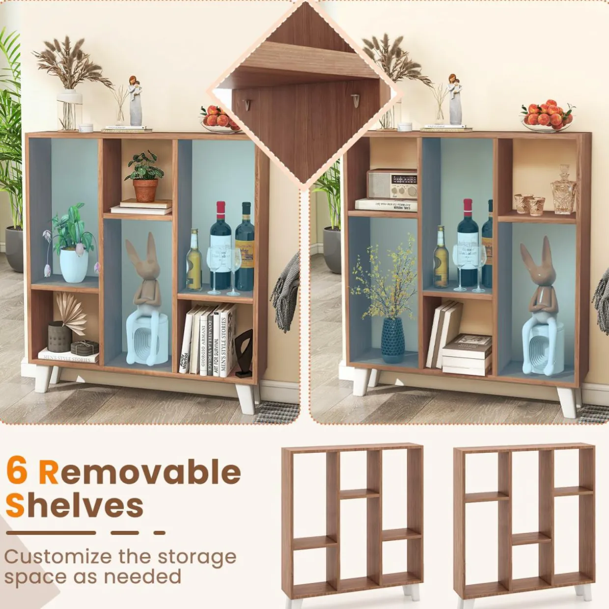 Tangkula 9-Cube Bookcase, Freestanding 3-Tier Bookshelf with 6 Removable Shelves