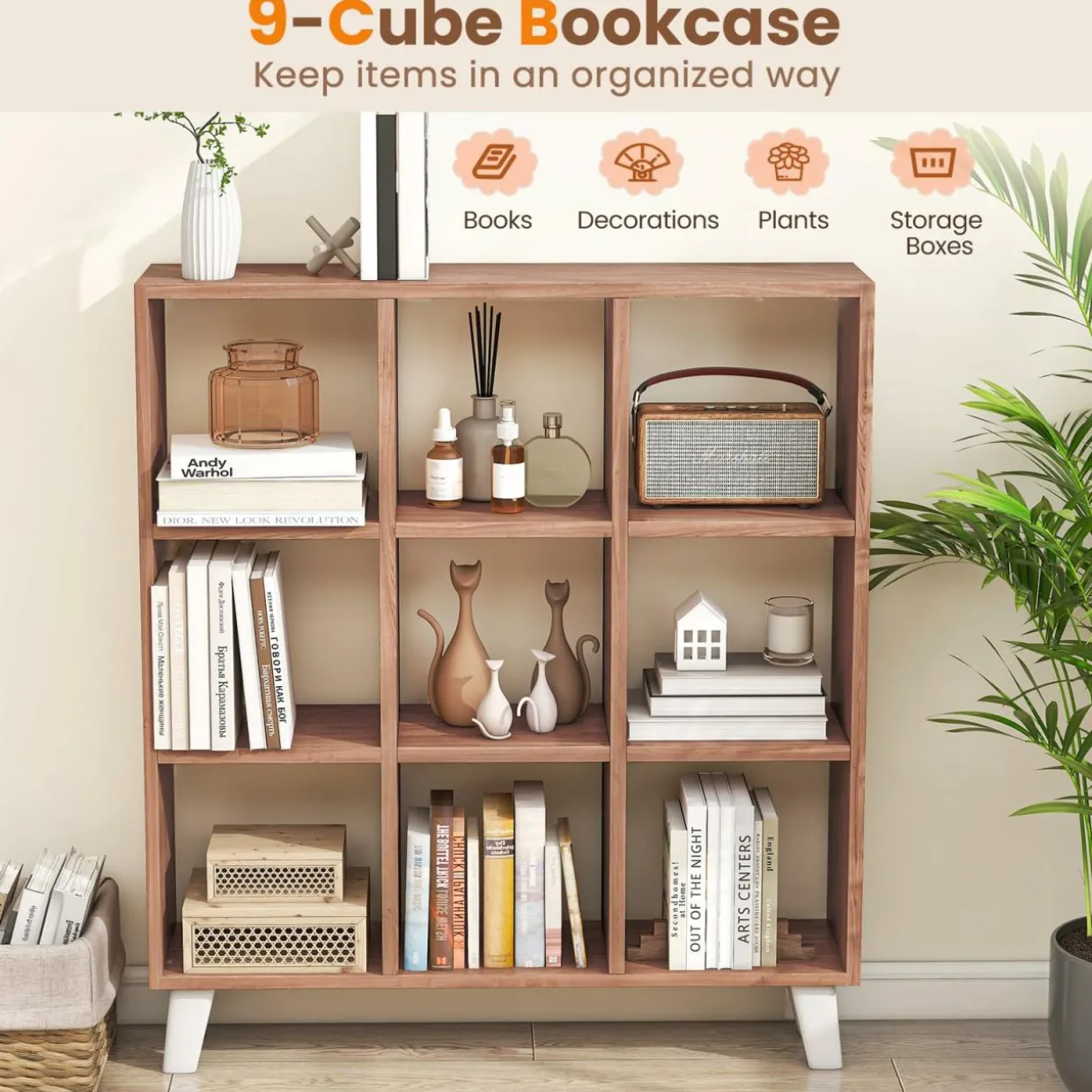 Tangkula 9-Cube Bookcase, Freestanding 3-Tier Bookshelf with 6 Removable Shelves