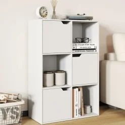 Tangkula 6-Cube Bookcase, Toys Storage Bookshelf w/3 Doors & 3 Open Cubes (White, 6-Cube)
