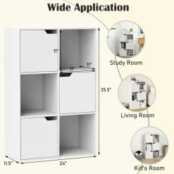 Tangkula 6-Cube Bookcase, Toys Storage Bookshelf w/3 Doors & 3 Open Cubes (White, 6-Cube)