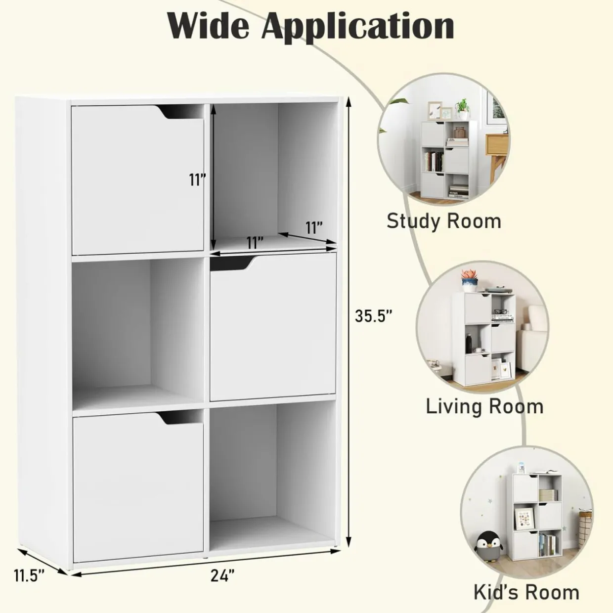 Tangkula 6-Cube Bookcase, Toys Storage Bookshelf w/3 Doors & 3 Open Cubes (White, 6-Cube)