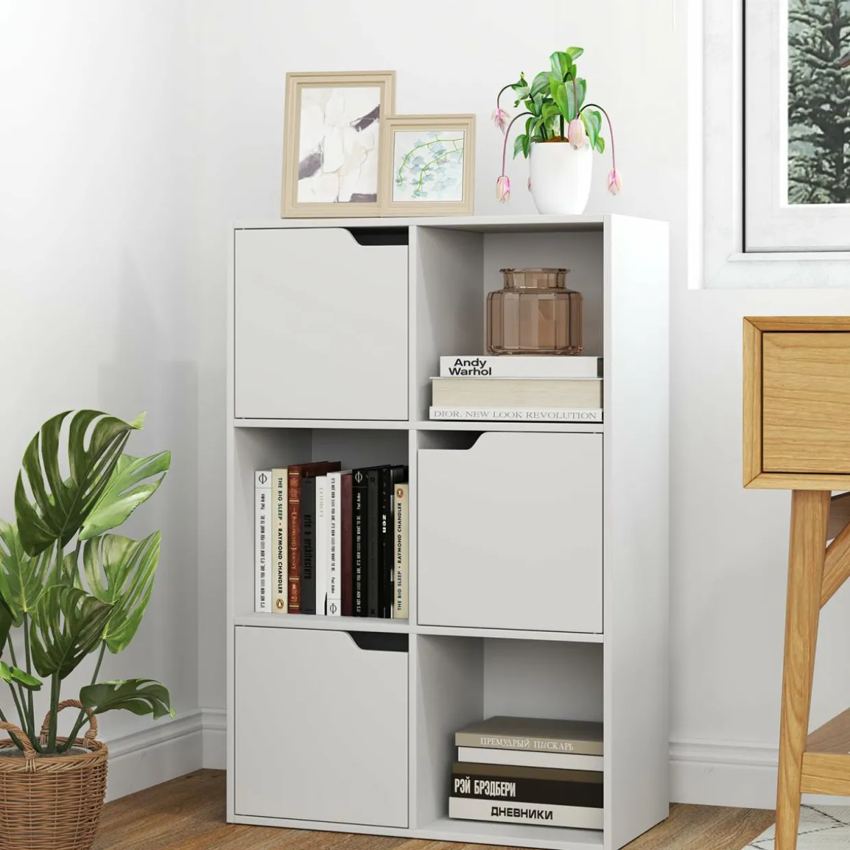 Tangkula 6-Cube Bookcase, Toys Storage Bookshelf w/3 Doors & 3 Open Cubes (White, 6-Cube)