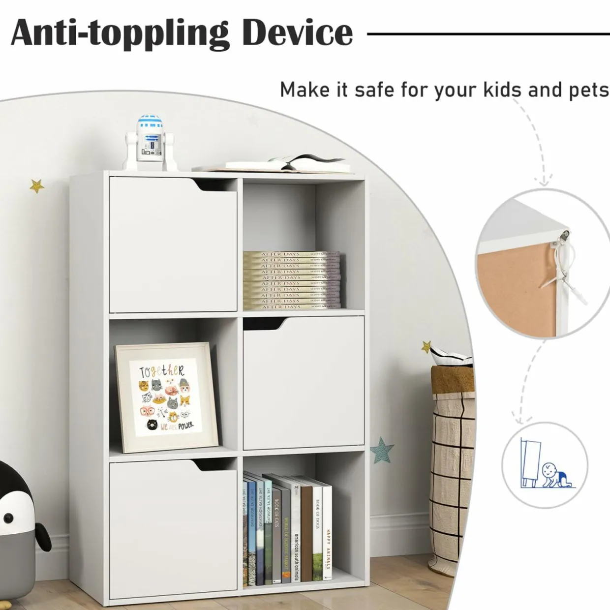 Tangkula 6-Cube Bookcase, Toys Storage Bookshelf w/3 Doors & 3 Open Cubes (White, 6-Cube)