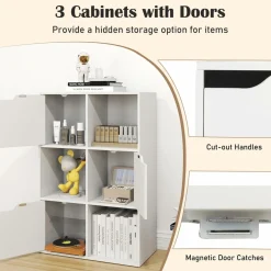 Tangkula 6-Cube Bookcase, Toys Storage Bookshelf w/3 Doors & 3 Open Cubes (White, 6-Cube)