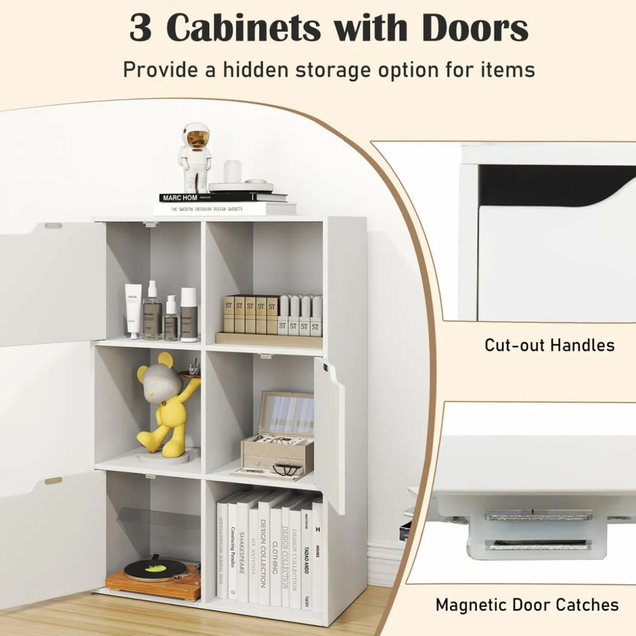 Tangkula 6-Cube Bookcase, Toys Storage Bookshelf w/3 Doors & 3 Open Cubes (White, 6-Cube)