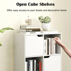 Tangkula 6-Cube Bookcase, Toys Storage Bookshelf w/3 Doors & 3 Open Cubes (White, 6-Cube)