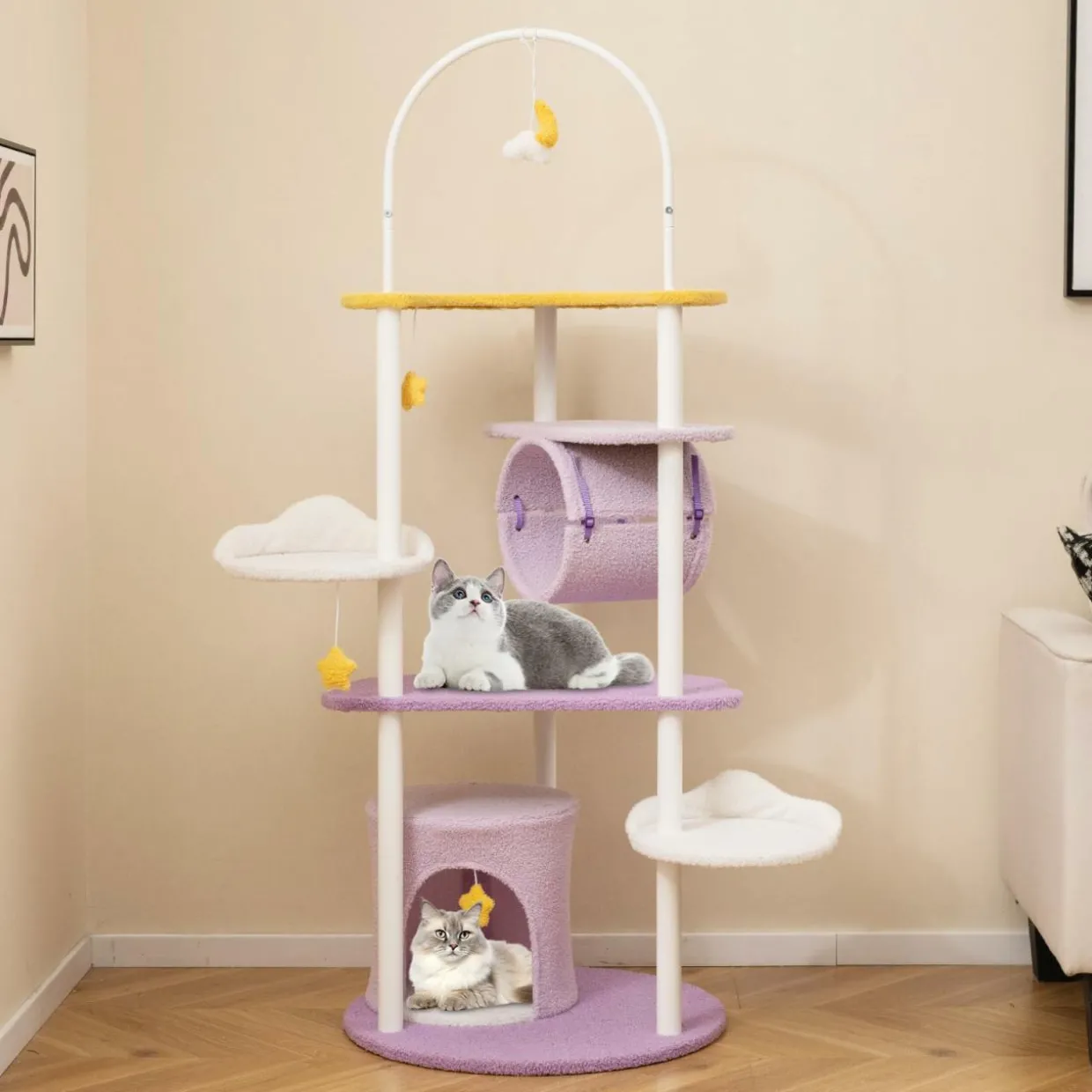 Tangkula Cute Cat Tree, 62 Inch Multi-Level Large Cat Tower with Metal Frame, Moon-Shaped Top Perch