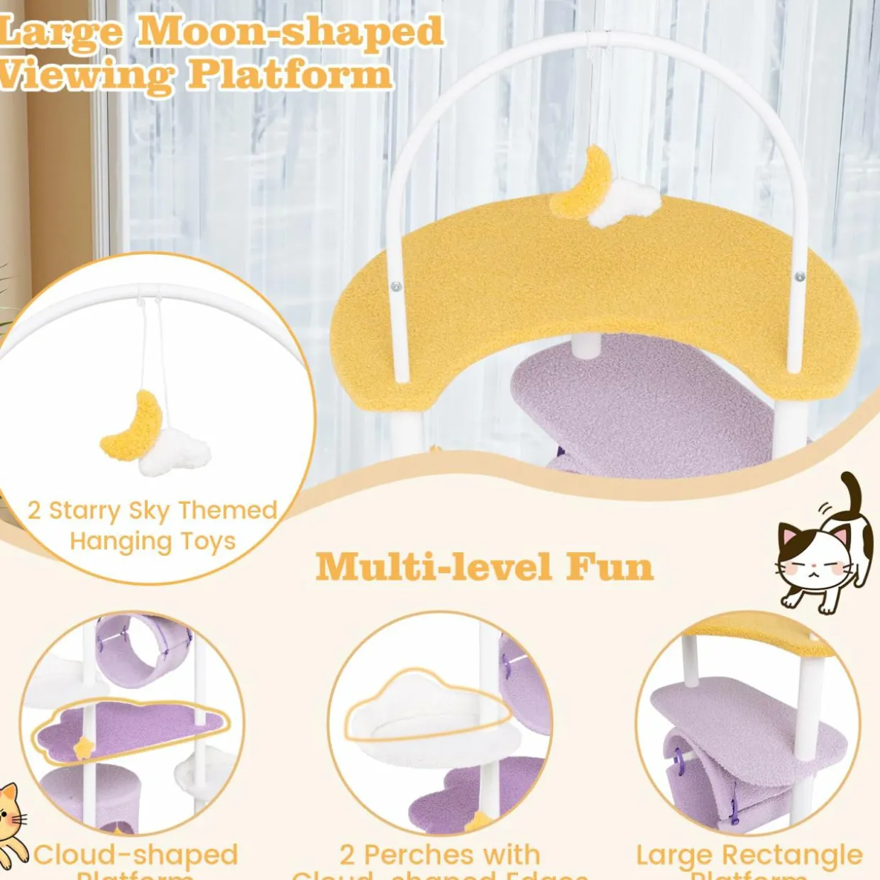 Tangkula Cute Cat Tree, 62 Inch Multi-Level Large Cat Tower with Metal Frame, Moon-Shaped Top Perch