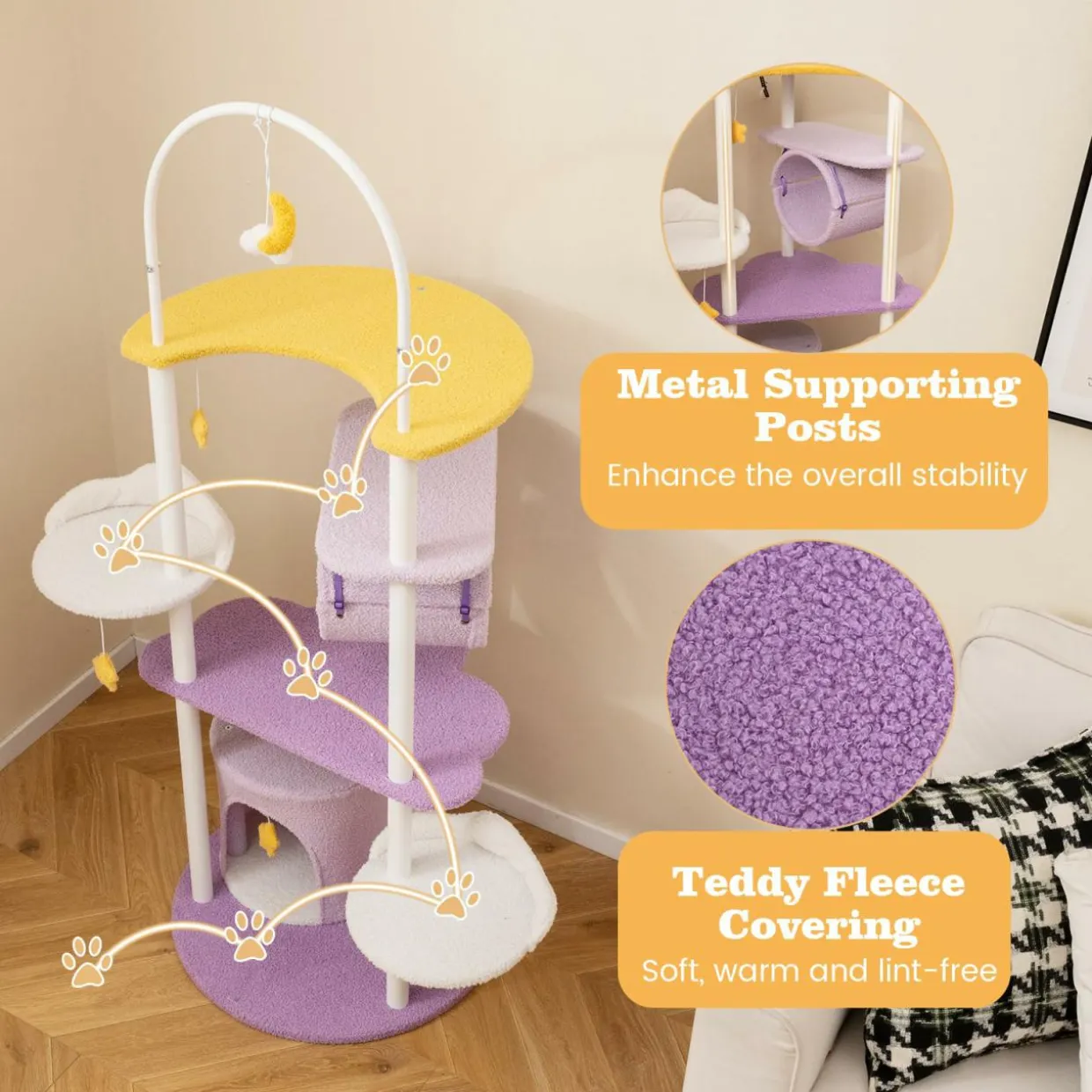Tangkula Cute Cat Tree, 62 Inch Multi-Level Large Cat Tower with Metal Frame, Moon-Shaped Top Perch