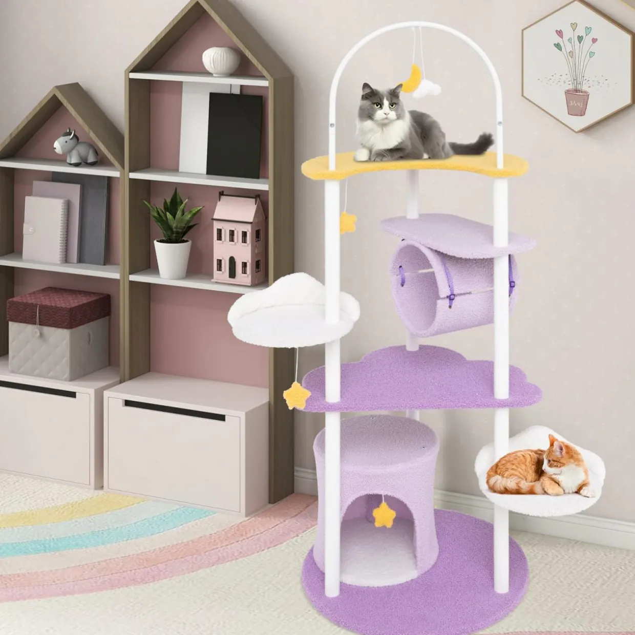 Tangkula Cute Cat Tree, 62 Inch Multi-Level Large Cat Tower with Metal Frame, Moon-Shaped Top Perch