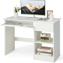 Tangkula Desk with Drawer, Wooden Computer Desk with Pull-Out Keyboard Tray & Adjustable Storage Shelves