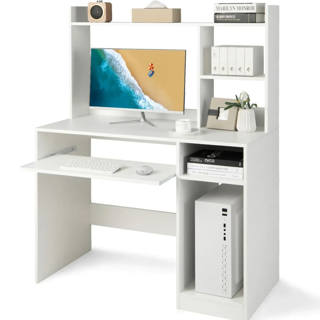 Tangkula Desk with Hutch &Charging Station, Home Office Desk with Keyboard Tray