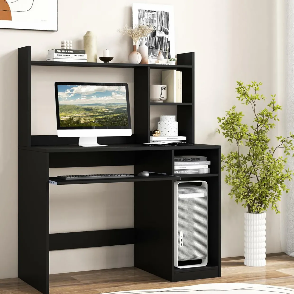 Tangkula Desk with Hutch &Charging Station, Home Office Desk with Keyboard Tray