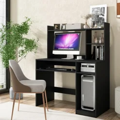 Tangkula Desk with Hutch &Charging Station, Home Office Desk with Keyboard Tray